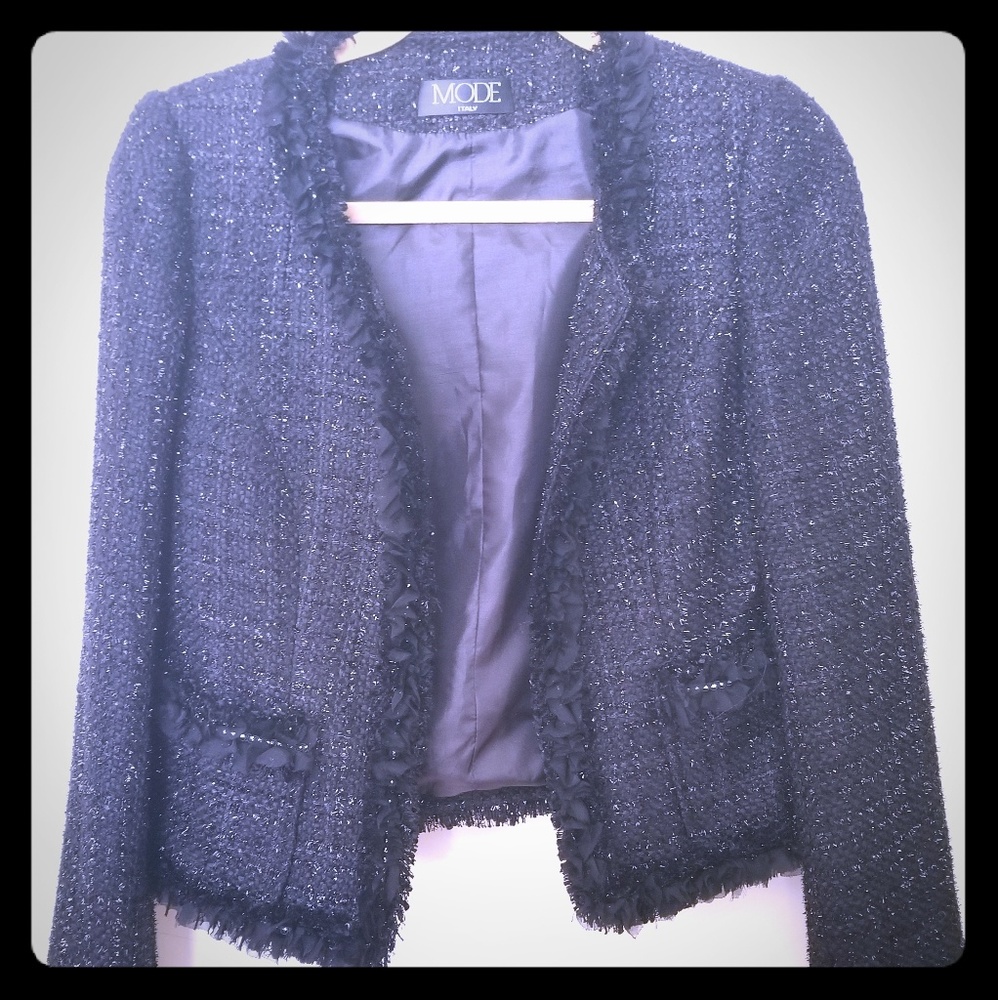 Black Tweed Fringe  Blazer with Silver Shimmer